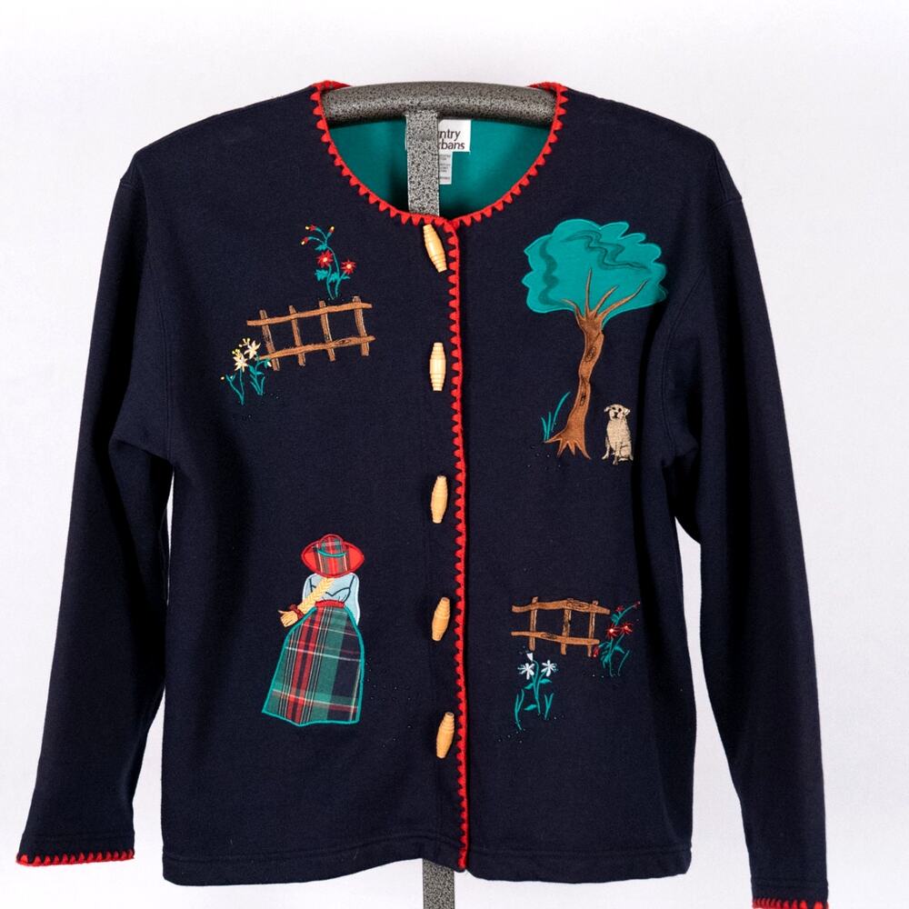 Vintage Embroidered Women's Cardigan SZ Medium Cottage Farm Dog Pastoral Nature